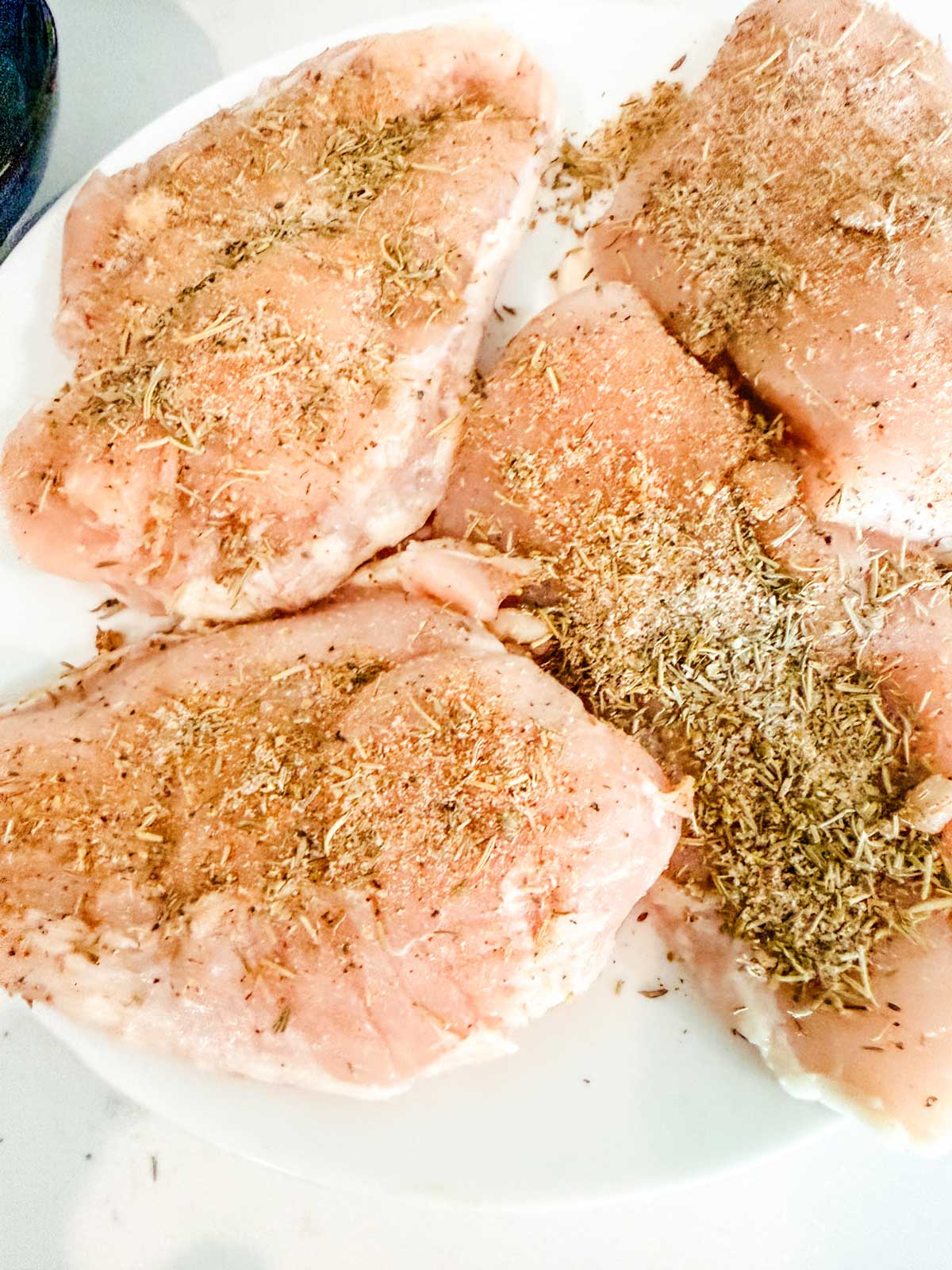 Four raw chicken breasts on a white plate, sprinkled generously with dried herbs and seasoning.