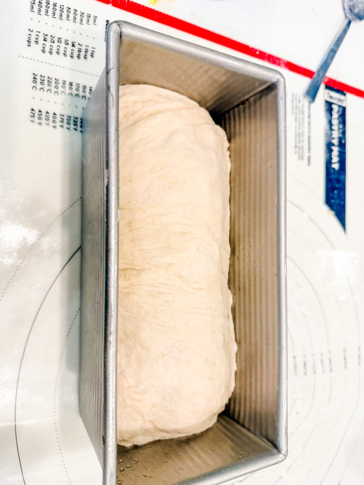 A loaf of unbaked bread dough sits in a rectangular metal bread pan on a white surface with measurements and text visible in the background.
