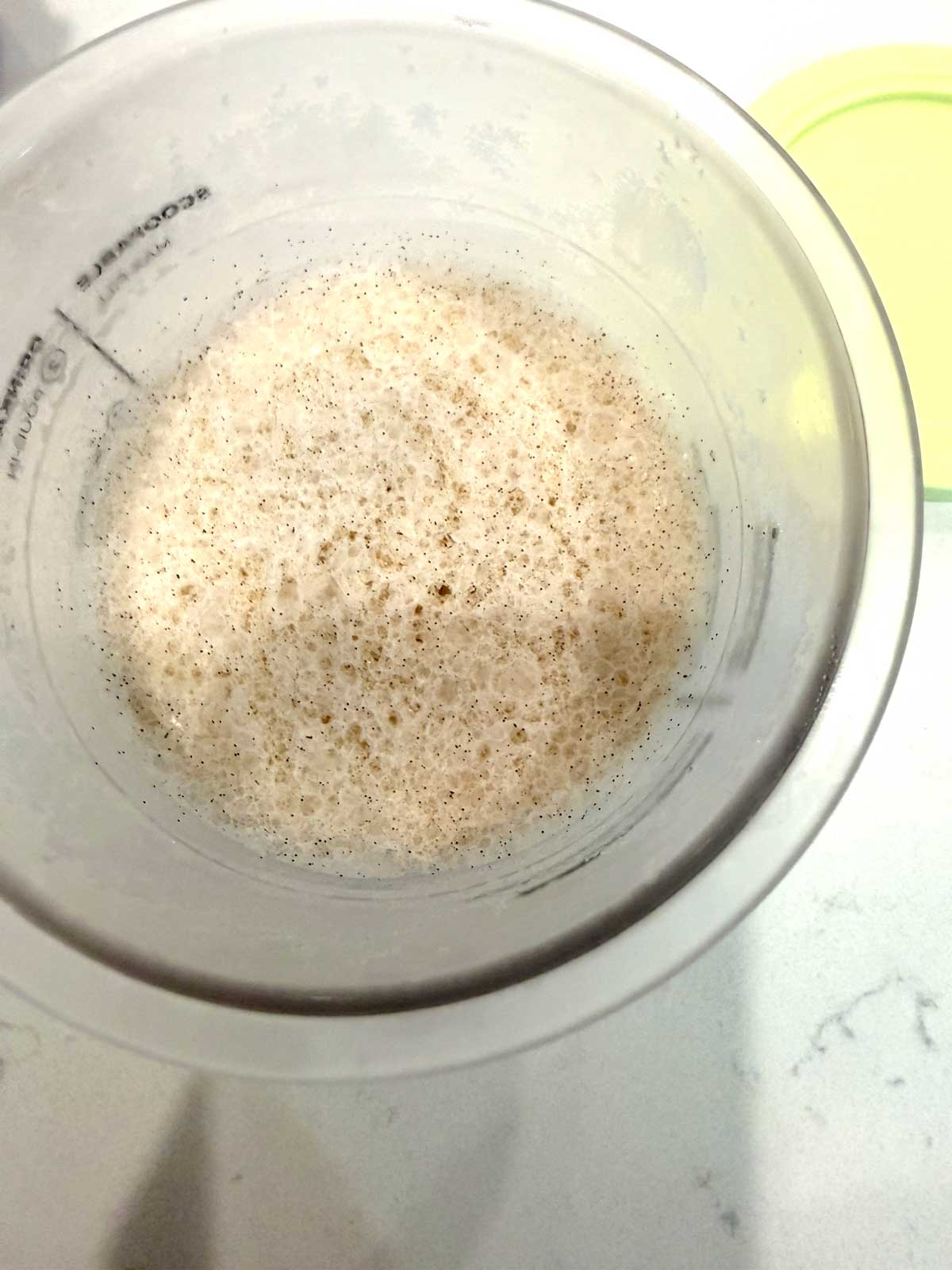 A close-up of a ice cream base in a Ninja Creami pint.