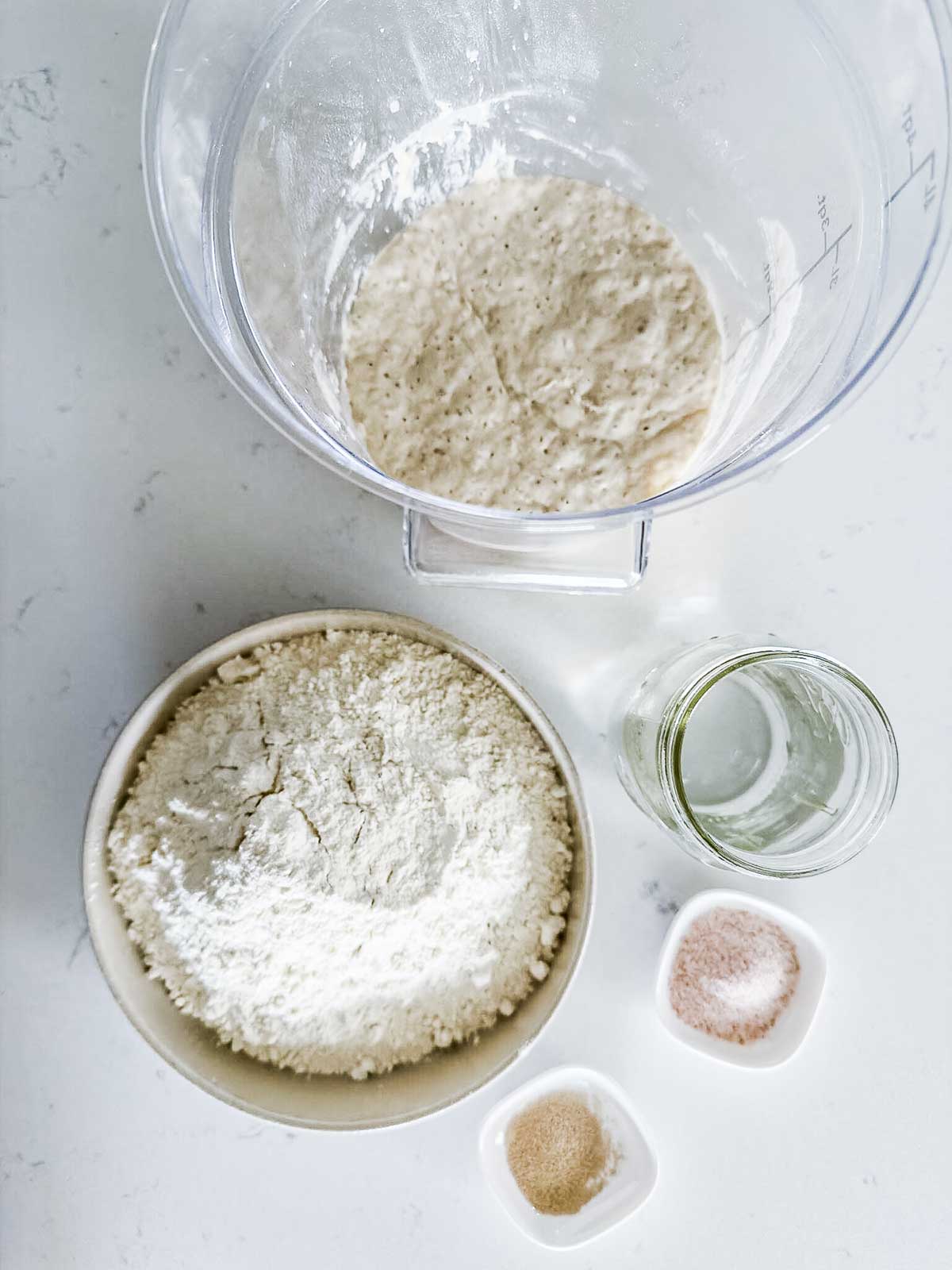 A bowl of bubbly bread starter, a bowl of flour, a glass of water, and two small bowls with salt and yeast are arranged on a white countertop, ready for baking.