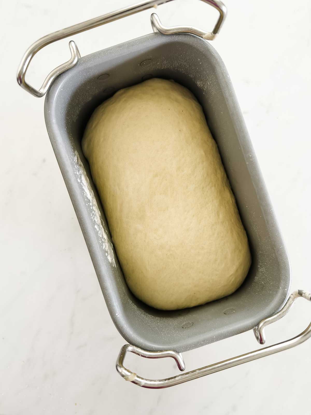 A loaf of risen bread dough rests in a rectangular metal bread pan on a white surface, ready for baking.