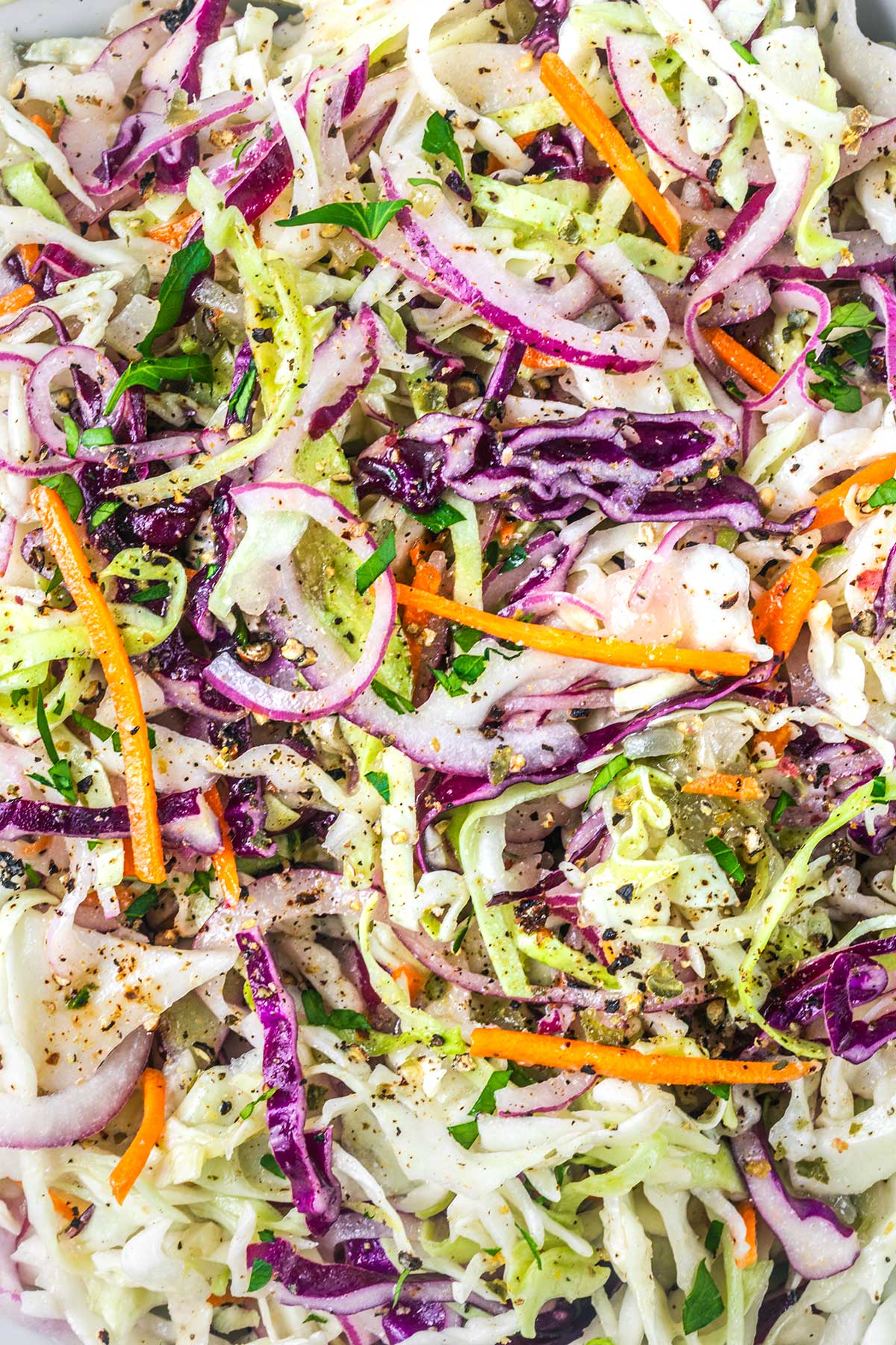Colorful coleslaw with shredded green and purple cabbage, carrots, and fresh parsley, seasoned with black pepper and a creamy dressing—perfect as a side alongside sautéed mushrooms for steak.
