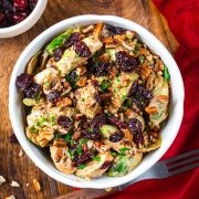 A bowl of chicken salad topped with dried cranberries, chopped pecans, and fresh herbs sits on a wooden surface with a red cloth and fork beside it—perfect enjoyed after a treat like Ninja Creami Pumpkin Ice Cream. A small bowl of extra cranberries is nearby.
