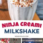 A creamy ninja creami milkshake topped with whipped cream, chocolate shavings, and a cherry sits in a glass with a striped straw. Below, two milkshakes stand beside a Ninja Creami machine displaying its control dial.
