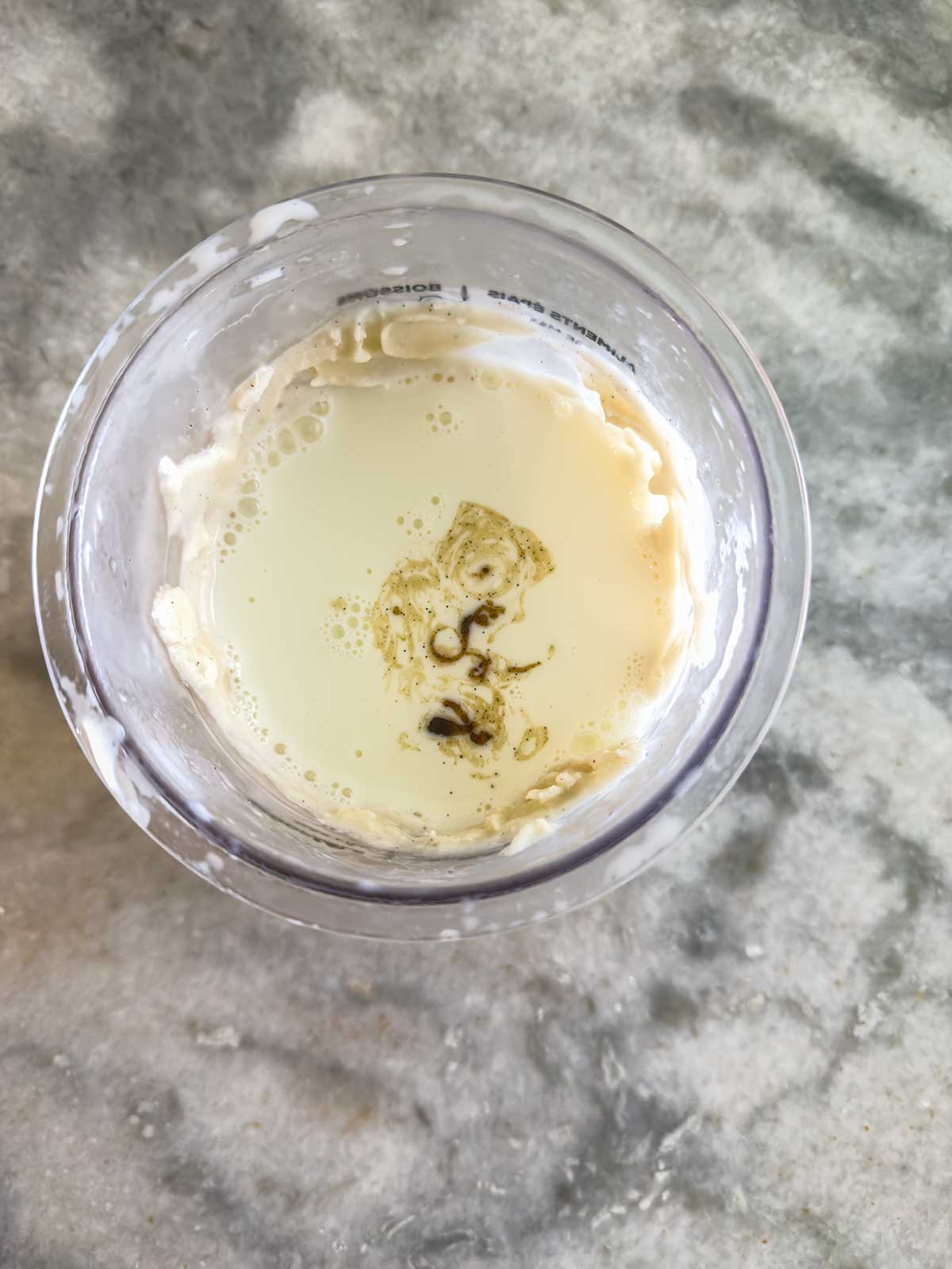 Ice cream, milk, and vanilla in a Ninja Creami Pint.