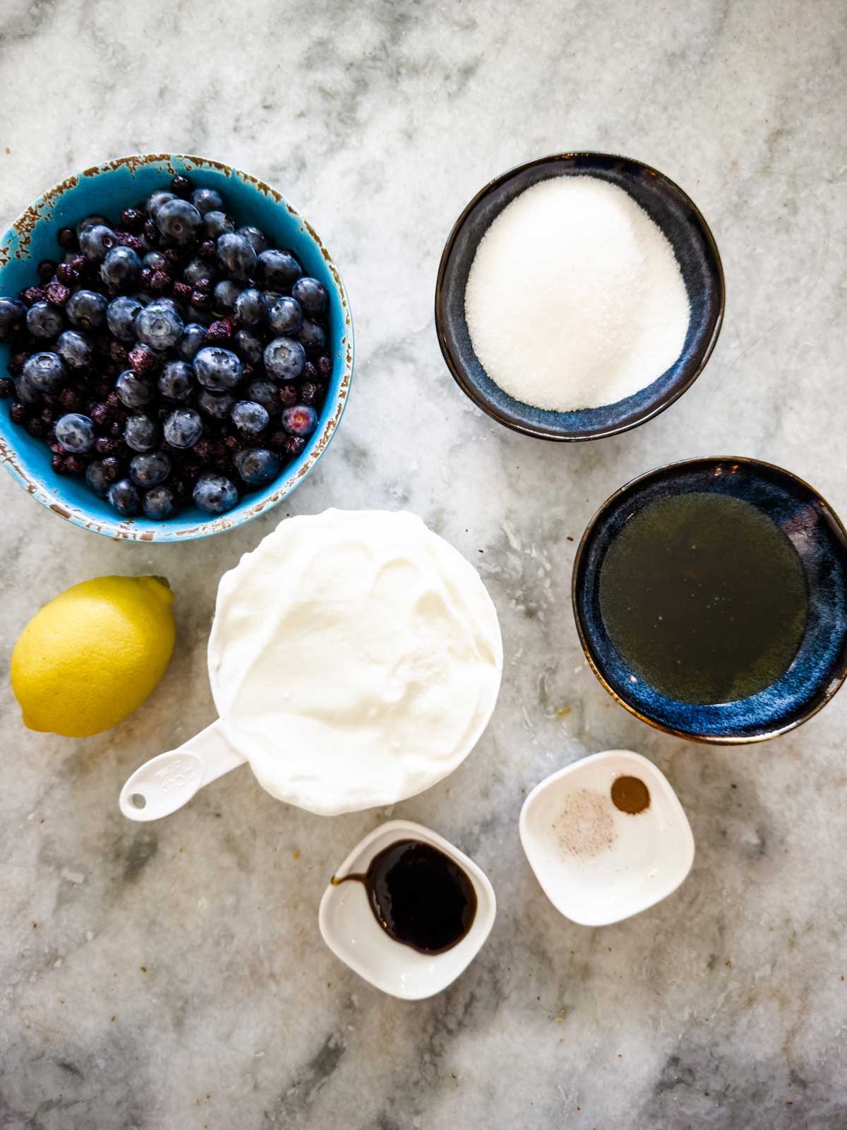 Overhead view of bowls containing ingredients for blueberry frozen yogurt: blueberries, sugar, yogurt, honey, a lemon, vanilla extract, salt, and cinnamon on a marble surface.