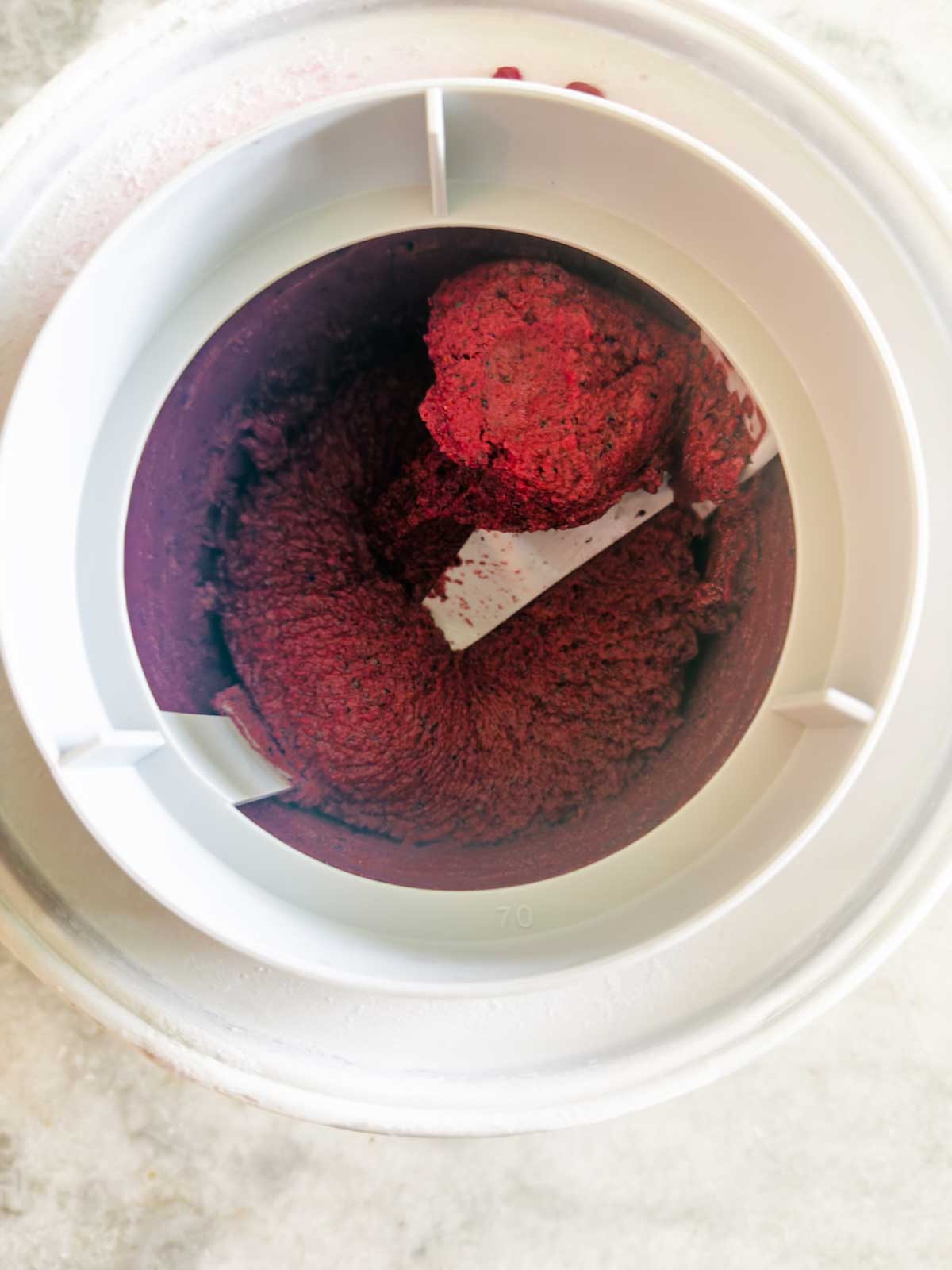 A close-up of a white ice cream maker bowl containing freshly churned, deep red sorbet with a creamy texture, partially gathered on the mixing paddle—reminiscent of a luxurious blueberry frozen yogurt.