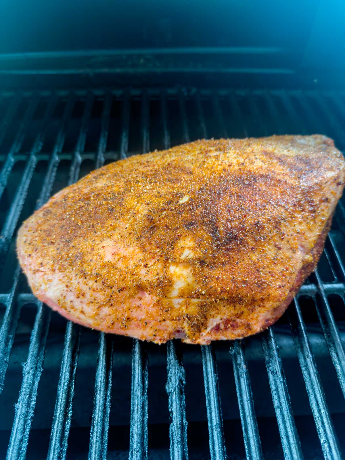 A seasoned piece of meat, such as a reverse seared picanha, sits on the grates of an outdoor grill, ready to be cooked.